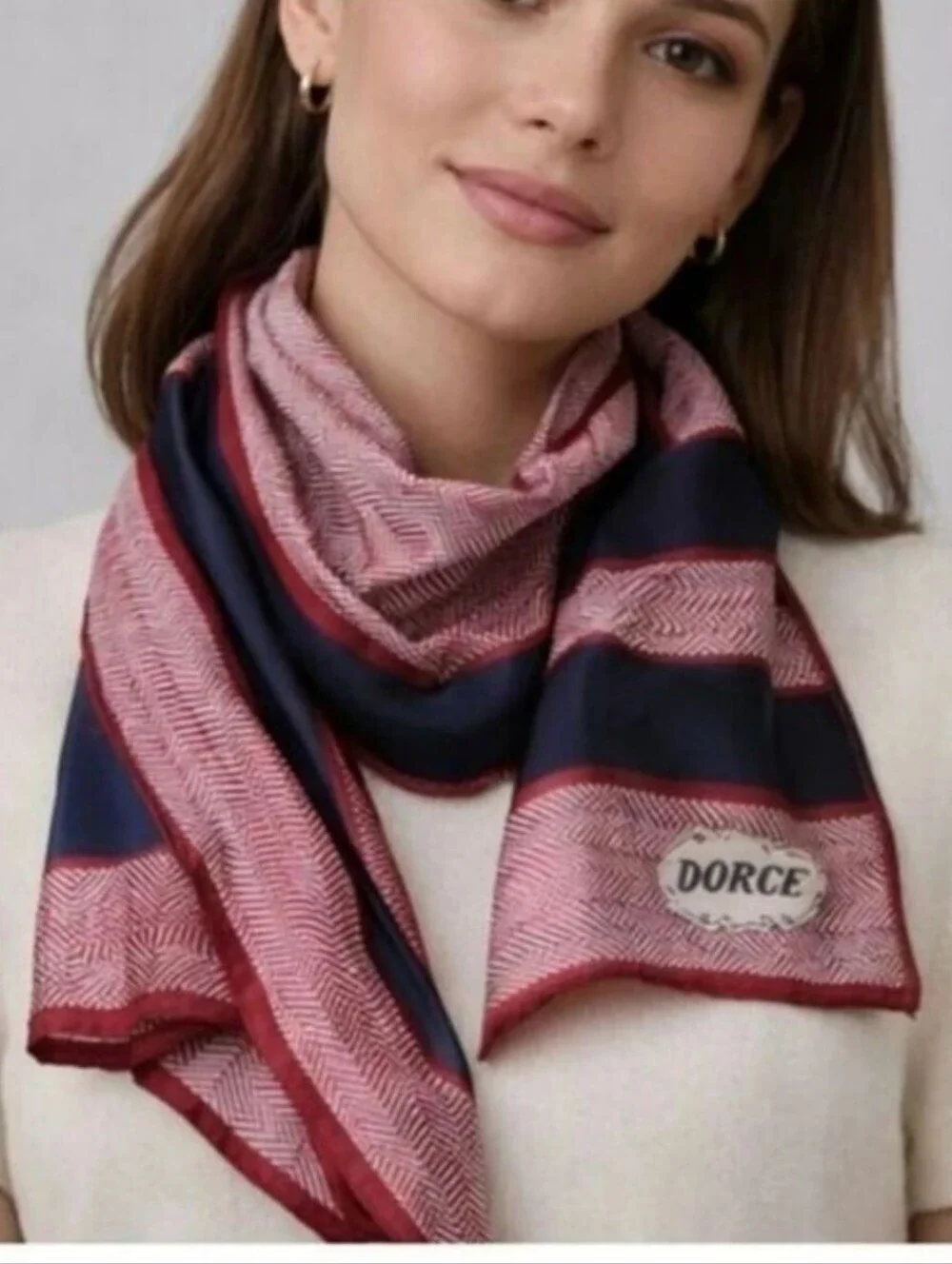 Vintage 1970s Silk Dorce Red White Blue Herringbone Scarf